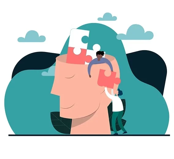 Ilustração de pessoas montando peças de um quebra-cabeça em uma silhueta humana
