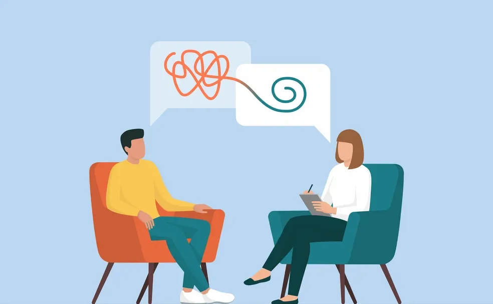 Ilustração de uma conversa entre paciente e profissional durante a terapia